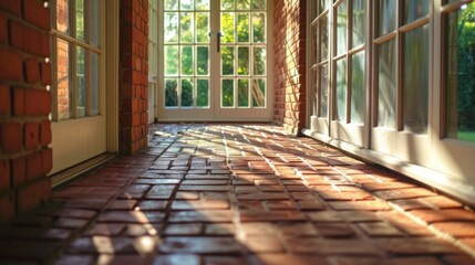 Aufkleber - A hallway with a brick floor and large windows. Ideal for architectural and interior design concepts