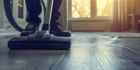 Wall Mural - A person is using a vacuum cleaner to clean a wooden floor. This image can be used to depict household chores or cleaning routines