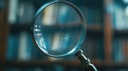 Poster - A close-up view of a magnifying glass positioned in front of a bookshelf. Ideal for illustrating concepts related to research, discovery, knowledge, and education