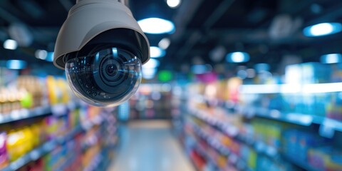 Poster - A surveillance camera capturing activity in a grocery store. Can be used for security or monitoring purposes