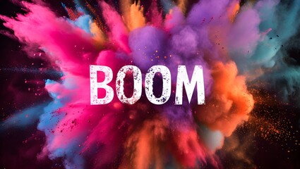 Wall Mural - Colorful dust with text BOOM. An explosion of particles of bright colors. Colored background with lots of dust of different colors, explosion of colors.