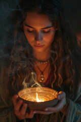 Aufkleber - A woman holding a bowl with a lit candle inside. Suitable for various uses
