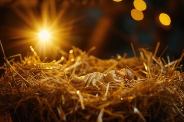 Close-up of Baby Jesus laying in a bed of hay. Perfect for religious or nativity-themed projects