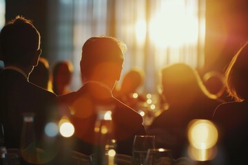 Poster - A group of people gathered around a dinner table, enjoying a meal together. Perfect for illustrating social gatherings and celebrations