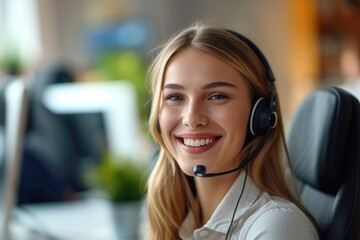 Aufkleber - A woman wearing a headset is smiling as she sits in front of a computer. This image can be used for customer service, call centers, or remote work concepts