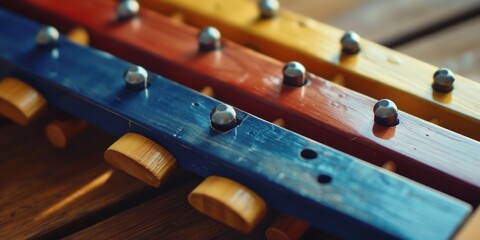 Poster - Close up of a colorful wooden instrument on a table. Ideal for music-related projects