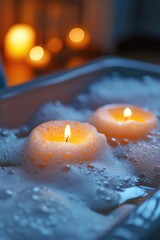 Aufkleber - Three lit candles floating in a tray of water. Ideal for creating a relaxing ambiance or for use in spa and wellness themed projects