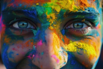 Poster - A close-up shot of a person with paint on their face. This image can be used for various creative projects or as a vibrant and expressive portrait