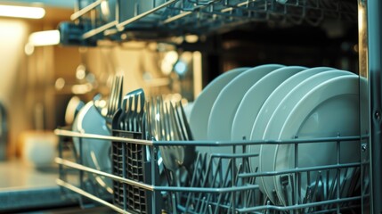 Poster - A dishwasher filled with lots of white dishes. Perfect for kitchen and dining-related projects