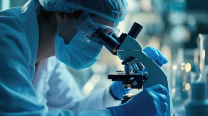 Aufkleber - A woman wearing a lab coat is seen carefully observing through a microscope. This image can be used to represent scientific research, laboratory work, or education