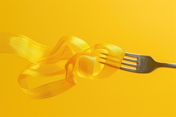 Poster - A fork with a yellow ribbon tied around it. Perfect for adding a touch of color to your table setting or for use in culinary-themed designs