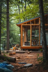 Aufkleber - A small cabin nestled in the middle of a peaceful forest. Perfect for nature lovers and those seeking solitude