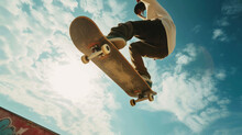 Skateboarder Skateboarding. Skateboarder Flying. Skateboarder Young Teenager. Skateboarder Doing A Skateboard Trick. Fitness, Freedom And Man Do Action Skills, Jumping And Cool Movement For Sport.