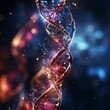 Genetic research and a breakthrough in medicine, a blurred background with a dna molecule and a cellular structure. Bright impulses and signs of mutation in DNA