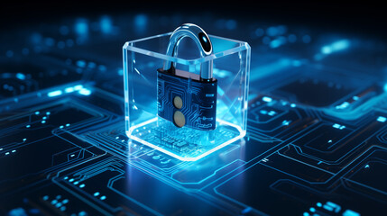 Poster - cyber security background, padlock over a computer circuit board cyber technology concept illustration, digital software technology wallpaper, tech presentation backdrop