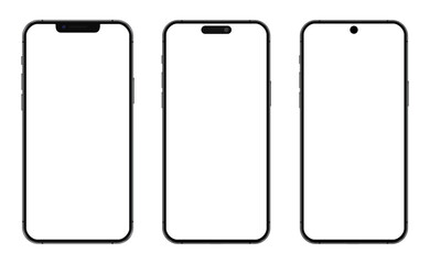 Poster - Smartphone mockup set with blank white screen, detailed mobile phone mockups, black models smartphone template front view, model 3D mobile phone, ui, ux, cellphone frame - vector