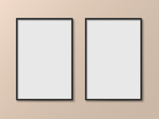 Fototapete - Picture photo frame realistic two empty mockup, poster frame close up on wall pastel beige color, isolated pictures frames mock-up, frames with shadow, blank frame border mockups, wall presentation