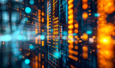 Abstract background with code. Digital data flowing through cyberspace with glowing orange and blue numbers against a deep, shadowy background