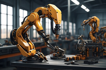 Wall Mural - Advanced High Precision Robot Arm inside Factory. Industrial automation technology. Iot technology concept, smart factory. Digital manufacturing operation. 3D rendering illustration