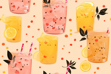 Wall Mural - Tropical Citrus Party: Refreshing Lemonade with Fresh Fruits on Seamless Background