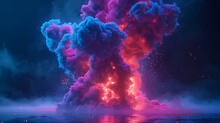 Huge Smoke Explosion, Realistic Explosion, 3d Neon Colored Fire Explosion, On Isolated Black Background
