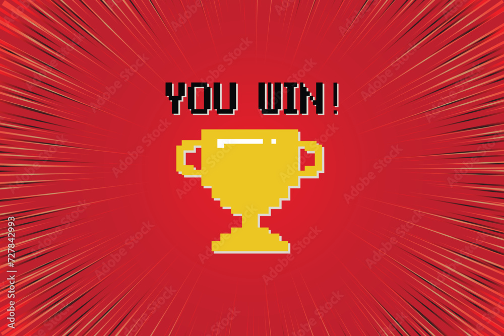 Pixel art 8-bit You Win text with one big winner golden cup on speed ...