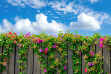 Fence With Ivy And Flowers, With A Blue Sky And White Clouds