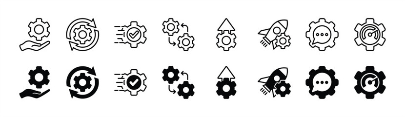 Wall Mural - gear settings thin line icon set. containing optimization, maintenance, operation, sync, process, se