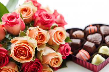 Wall Mural - bouquet of roses with a heart-shaped box of chocolates, on a white background