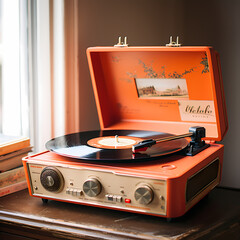 Poster - A vintage record player with vinyl records.