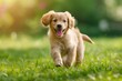© ORG - Cute dog running and playing on the green grass in the park Flower flying concept. Product. Pet food