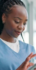 Canvas Print - African nurse woman, tablet and hospital with typing for information, medical research or smile with app. Doctor, digital touchscreen and reading for results, email and happy for healthcare in clinic