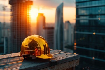 photograph of Golden engineer helmet on the wooden background of a city skyscraper at sunset telephoto lens realistic --ar 3:2 --v 6 Job ID: 8f6a02fe-4450-4814-901e-925dc27ea1a2