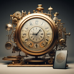 Wall Mural - Time-traveling old-fashioned clock with modern gadgets.