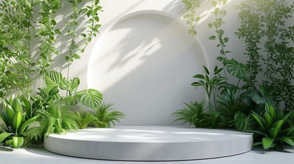 two round pedestals in front of white background, in the style of geometric animal figures, moon, natural stone, minimalist typography, diorama, minimalist stage designs, spectacular garden backdrop 