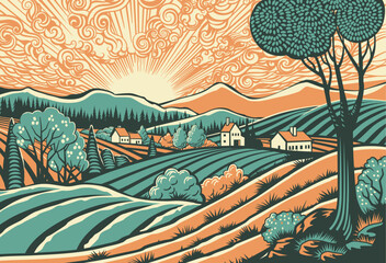 Wall Mural - Rolling hills, fields and farm or vineyards background illustration. Forests and mountains in the background. In a vintage retro woodcut or lino print or linoleum cut style