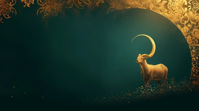 Eid al adha islamic decoration background with goat sheep arabic crescent