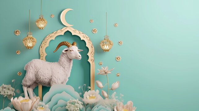 Eid al adha islamic decoration background with goat sheep arabic crescent