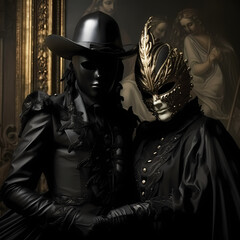 Sticker - Enigmatic masked characters at a masquerade ball.