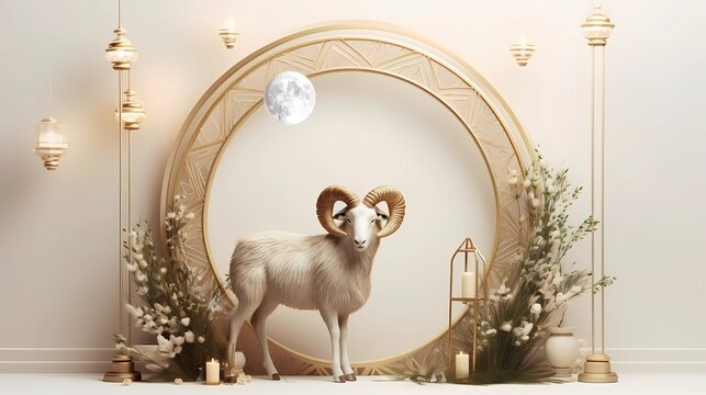 Eid al adha islamic decoration background with goat sheep arabic crescent