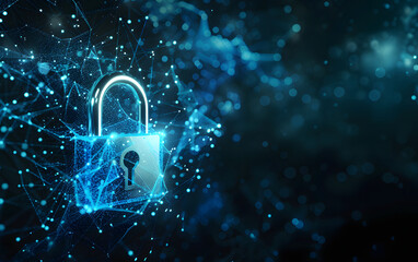 A cyber security concept illustration featuring a futuristic padlock on a blue background, symbolizing intertwined networks with dotted 3D holographic elements.