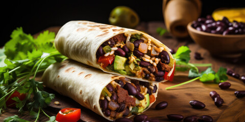 Wall Mural - Delicious Mexican Beef Wrap with Fresh Lettuce and Spicy Pepper on Wooden Plate