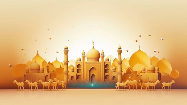 Islamic design illustration concept for Eid al-Adha celebration event or sacrifice for web landing page, banner, presentation, poster, advertisement, promotion or print media