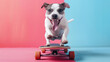 fashionable funny and creative dog in sunglasses on skateboard isolated on pink blue background, active pet. Dog wearing glasses with skateboard