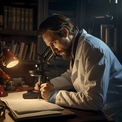 Canvas Print - A close-up of a scientist examining a microscope.