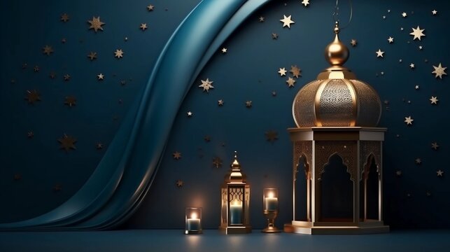 Premium Eid greeting card illustration with luxurious design. Eid Mubarak background with stars and moon. Islamic lamp design with Eid design