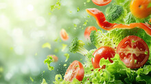 Fresh Vegetables In Motion Are Pouring On The Side Of The Frame, Tomato, Lettuce, Broccoli, Green Background With Bokeh, Empty Space For Text