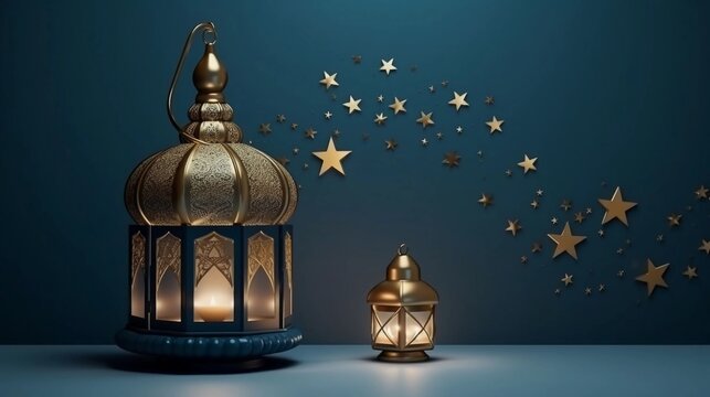 Premium Eid greeting card illustration with luxurious design. Eid Mubarak background with stars and moon. Islamic lamp design with Eid design