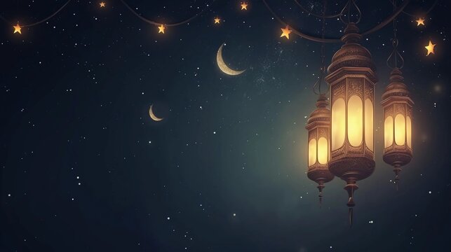 Premium Eid greeting card illustration with luxurious design. Eid Mubarak background with stars and moon. Islamic lamp design with Eid design