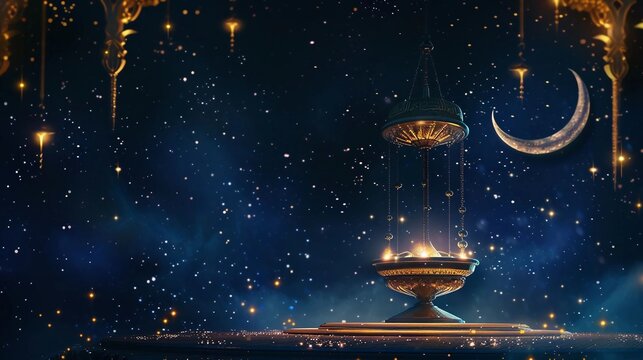 Premium Eid greeting card illustration with luxurious design. Eid Mubarak background with stars and moon. Islamic lamp design with Eid design
